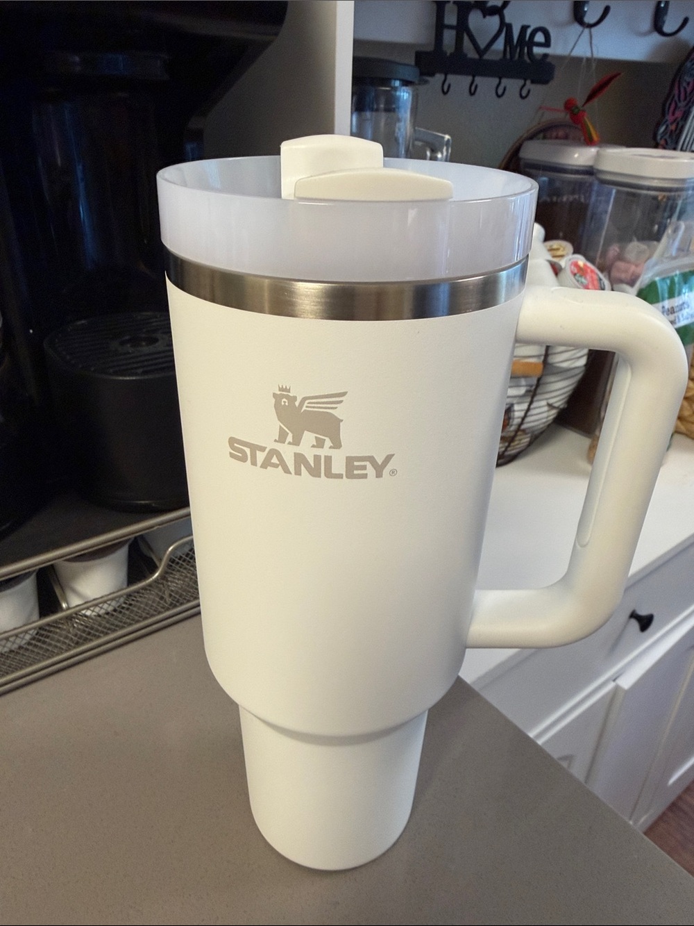 Stanley White Travel Tumbler with Handle and Stainless Trim